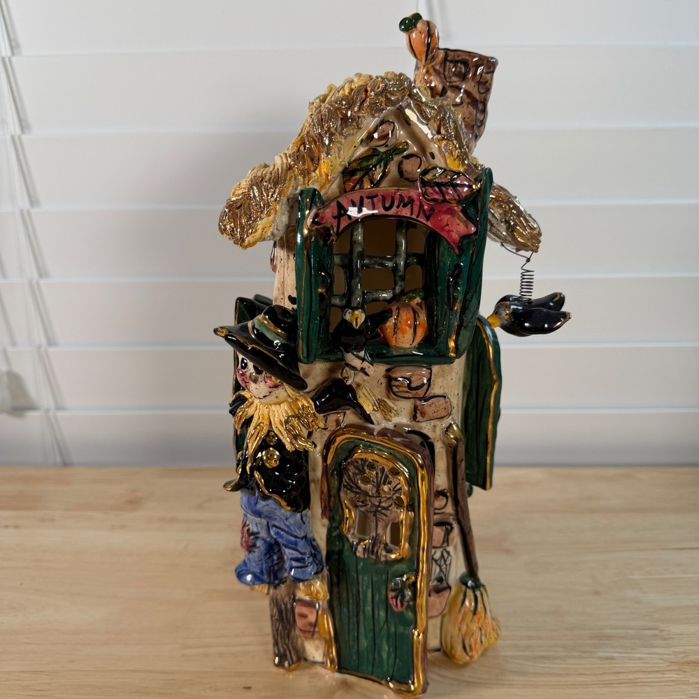 Heather Goldminc Blue Sky Autumn Scarecrow House Ceramic Tea Light Holder 2000